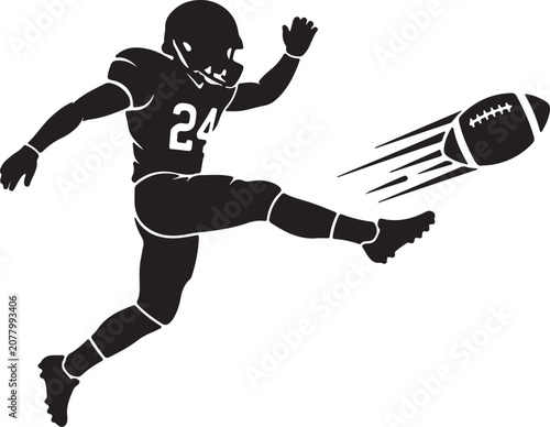 Professional solid black American football player kicking a flying football silhouette icon featuring an athlete in full protective gear with helmet, jersey number, and motion lines. Clean minimalist 