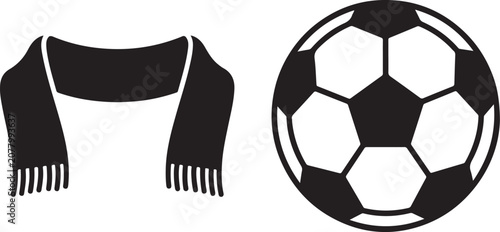 Football Fan Scarf and Soccer Ball Icon Set, Solid Black Sports Supporter Vector.