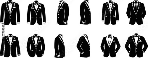 Set of elegant black tuxedo and business suit vector icons showing front and side views for formal menswear fashion design