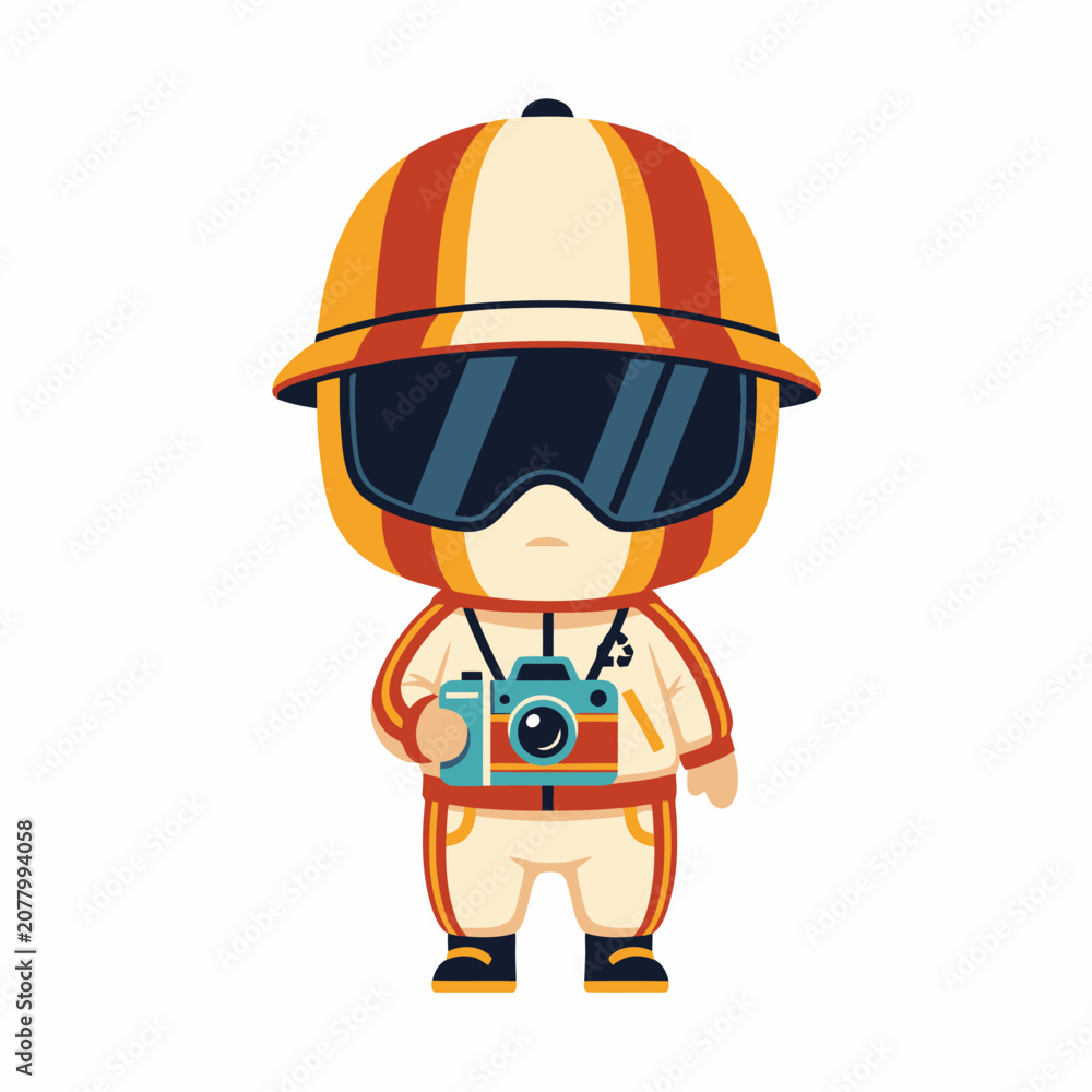 Fototapeta premium Cute Cartoon Character with Camera and Safari Hat.