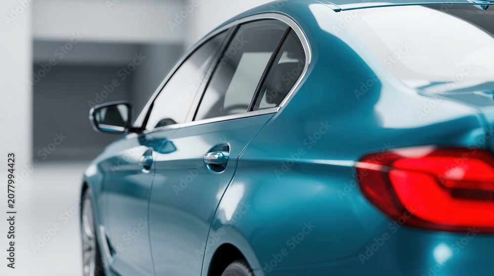 Naklejka premium Shiny teal blue car body with reflective surfaces and red rear lamp in a showroom.