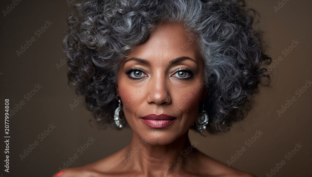 Fototapeta premium Mature African American woman with curly gray hair and bold makeup poses for a portrait, wearing elegant earrings against a neutral background