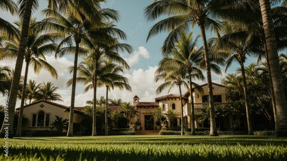 Fototapeta premium Luxurious Tropical Estate Surrounded by Lush Palm Trees.