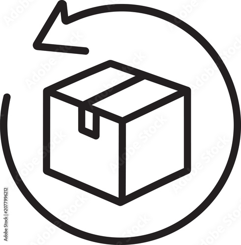 Black line icon of a box with circular arrow