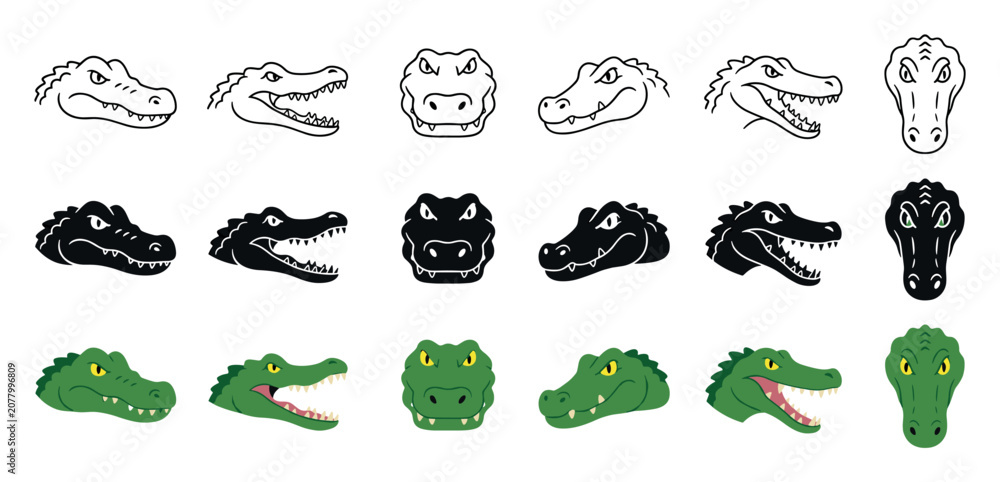 Obraz premium Crocodile and alligator head vector icon set featuring various styles including black silhouette, line art outline, and green cartoon illustrations of wild reptile predators