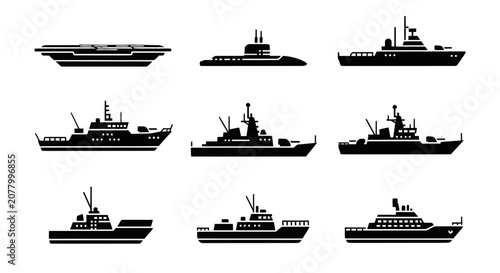 Obraz na plátně Collection of naval ship and submarine silhouettes.
