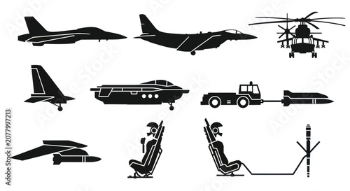 Canvas-taulu Black silhouettes of military aircraft and aviation equipment.