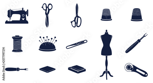 Obraz na plátně Black silhouettes of sewing equipment and dressmaking tools.