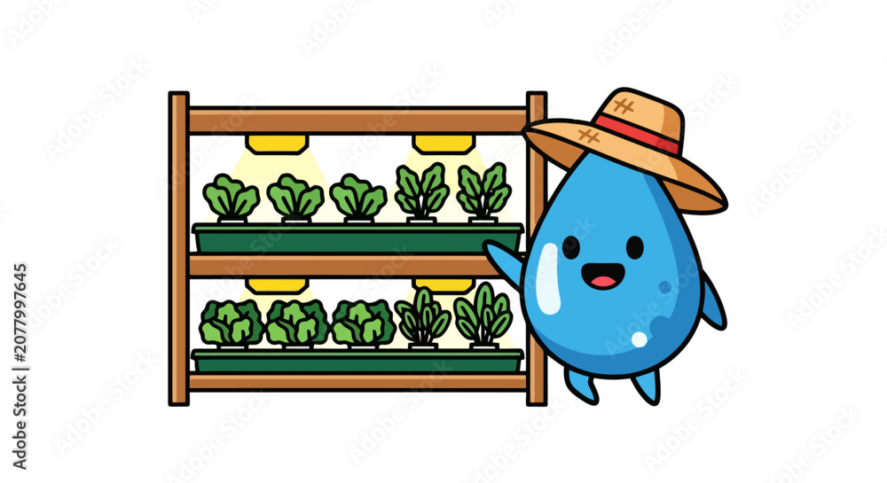 Fototapeta premium A cute cartoon water droplet character wearing a straw hat stands next to a hydroponic garden rack with leafy green plants under grow lights.