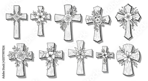 Konstfotografi Floral cross variations black and white woodgrain silhouette