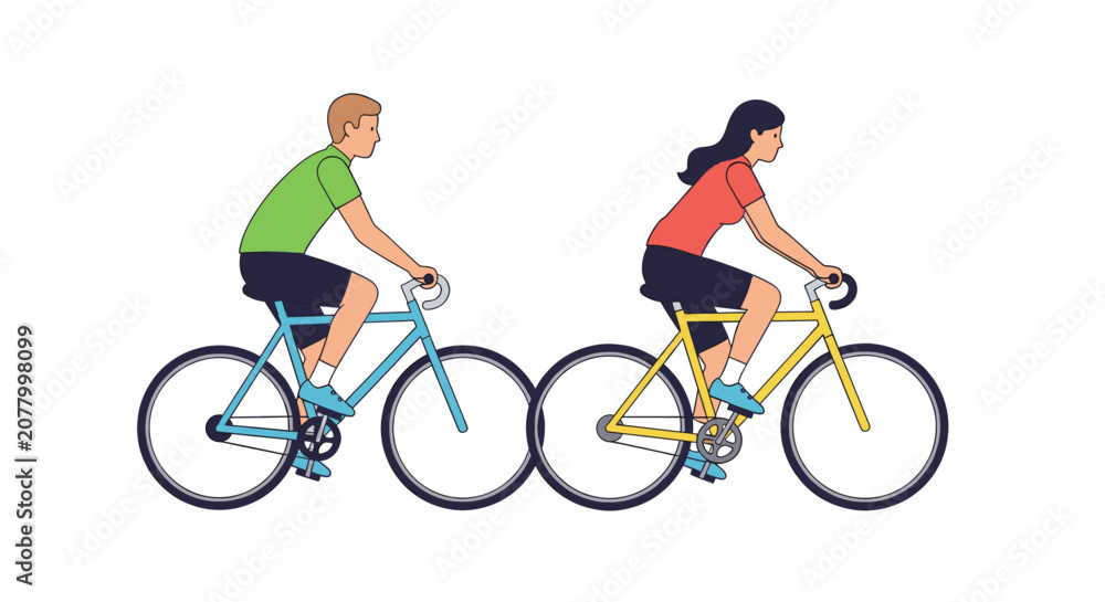 Obraz premium Man and woman riding bicycle on white background. Active healthy lifestyle and eco transportation concept. Flat style vector illustration for banner, poster, web design
