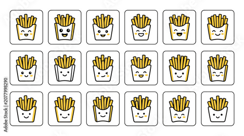 Fotografie Collection of smiling food icons with fries in containers on Sunday