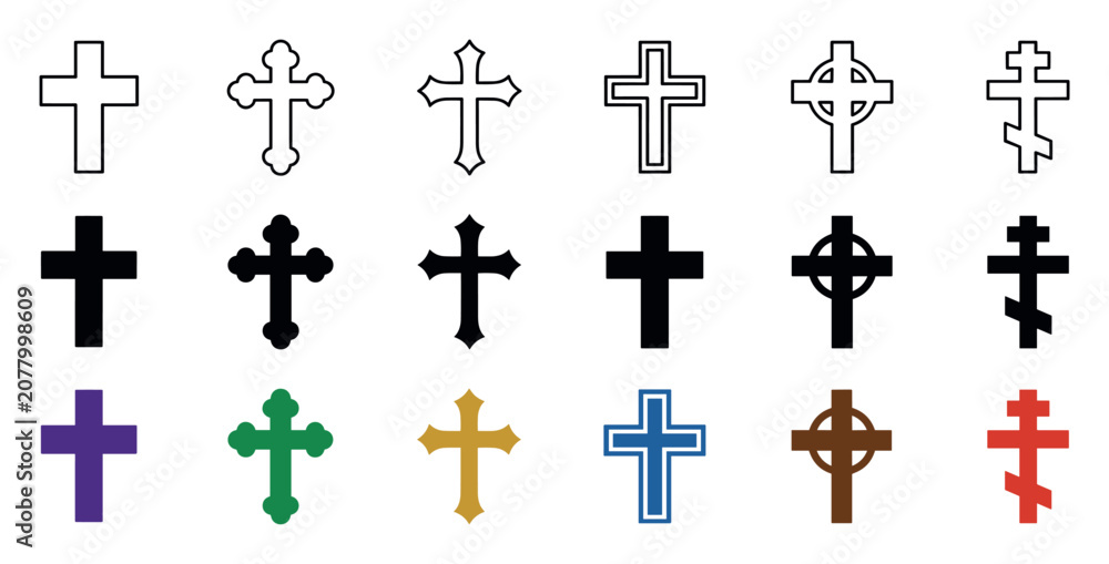 Fototapeta premium Christian cross icons in various design styles including Latin, Celtic, Orthodox, and Gothic shapes for religious and spiritual graphic design projects