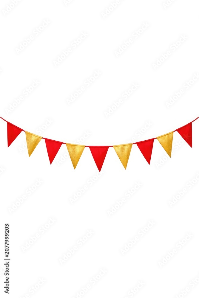 Obraz premium A decorative bunting featuring red and gold flags on a plain white background, ideal for patriotic or celebratory events