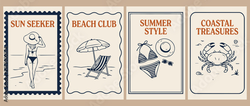 Foto Summer beach themed vintage label collection featuring sun seeker coastal treasu