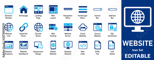 Website and Web Development Vector Icon Set Including Internet, Server, Cloud Hosting, SEO Analytics, Coding and Responsive Devices