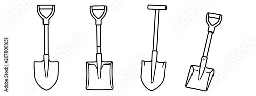 Photos Shovel set. Hand drawn minimalist doodle set on white background