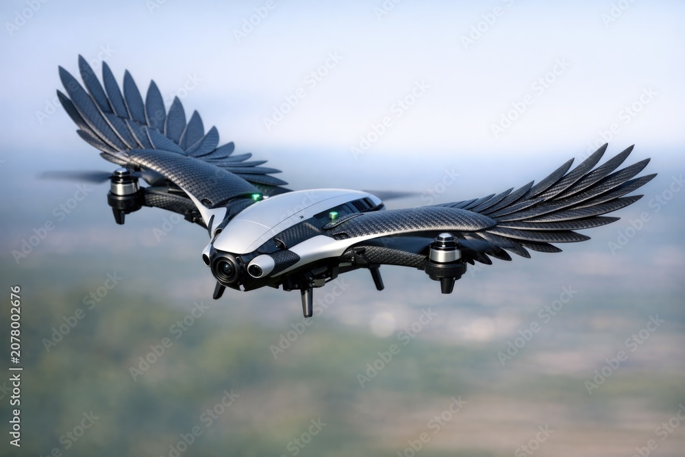 Obraz premium A black and white bird flying in the clear blue sky with some clouds