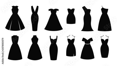 Tableau sur toile Collection of essential female dress glyph icons showcasing different hemlines and necklines for apparel branding and boutique projects vector isolated