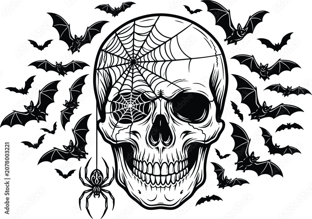 Fototapeta premium Halloween t shirt vector graphic spooky skull with bats and spider web