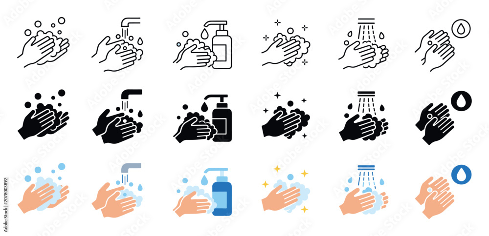Fototapeta premium Hand washing icons set for personal hygiene, featuring outline, solid, and flat color styles depicting soap bubbles, water taps, liquid dispensers, and sanitizing procedures
