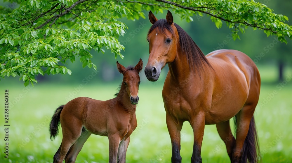 Obraz premium Brown Horse and Foal Standing Under Green Tree in Meadow