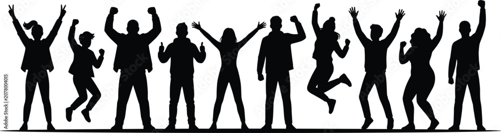 Fototapeta premium Cheerful crowd people silhouette set vector illustration, happy jumping crowd celebrating success, freedom