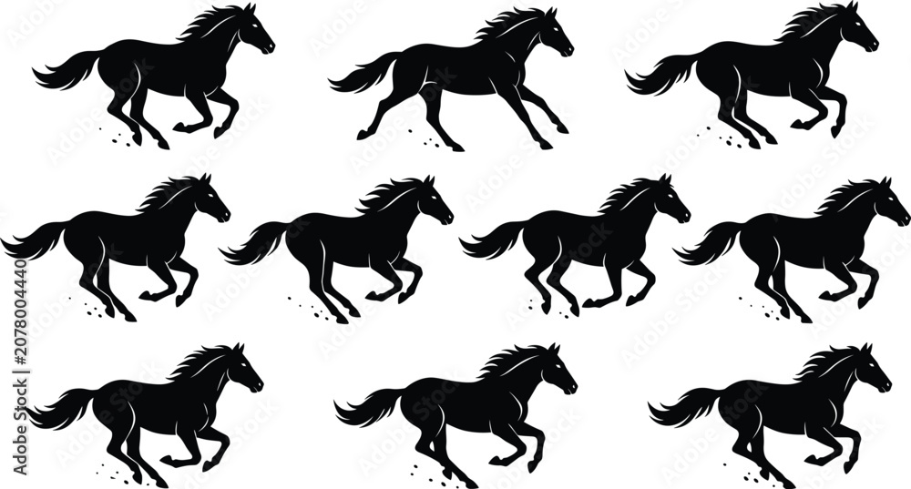 Fototapeta premium Running horse silhouette set vector illustration, wild stallions galloping fast, equestrian, freedom