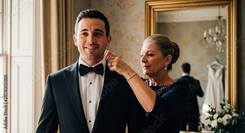 A man in a tuxedo getting dressed for a wedding, with his mother helping him with his tie.