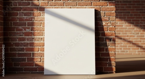 Blank Canvas Leaning Against Textured Brick Wall with Sunlight Shadows.