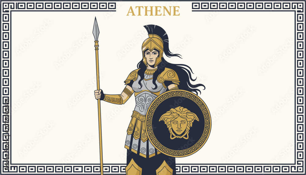Obraz premium Greek goddess Athena stands courageously while holding her long spear and shield with the medusa head emblem.