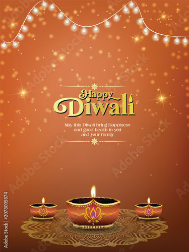 Happy Diwali template with Diya, mandala vector, dim light, light bokeh background, can be used in Diwali invitation, promotion, social media poster template, festive promotional poster design,