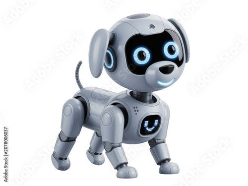 Cute gray robotic puppy dog toy with blue glowing eyes