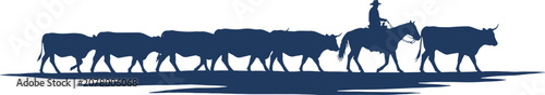 Fotografie Cowboy Herding Cattle Across River Silhouette Vector Illustration