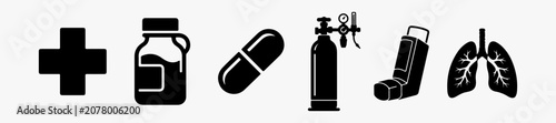 Foto Medical and respiratory healthcare icons set with first aid cross, medicine bottle, capsule, oxygen tank, and inhaler