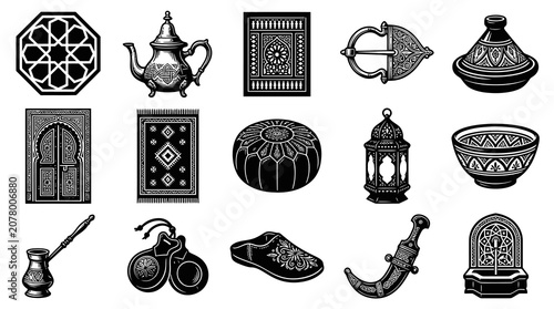 Islamic Ornaments Collection Black  White Line Art Vector Elements