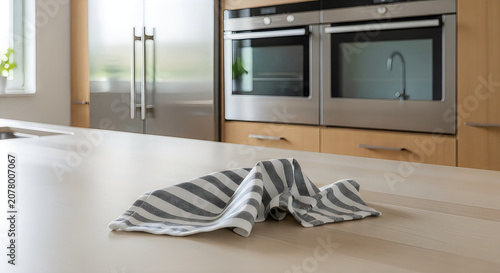 Gray striped towel on kitchen floor near oven