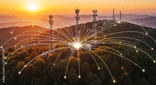 Global Communication Network Towers on Mountain Peak at Sunset.