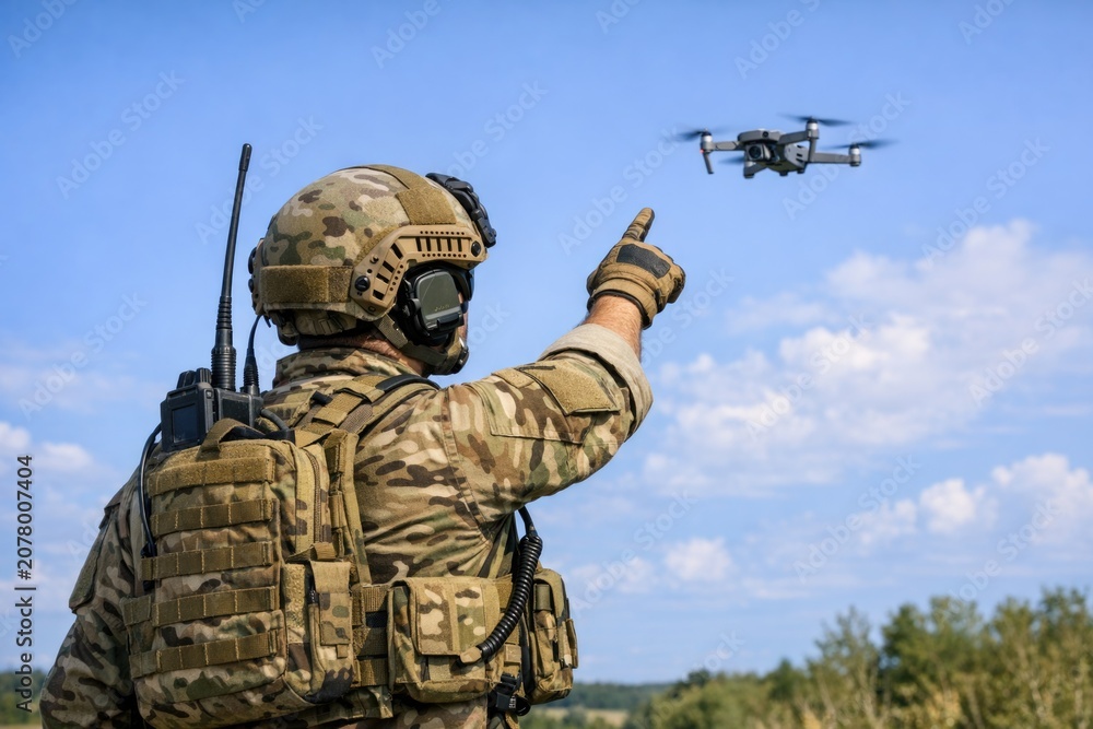 Obraz premium A person in camouflage attire holds a remote control drone