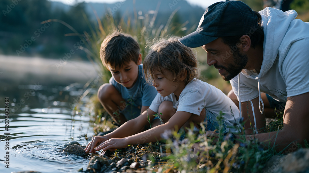 Fototapeta premium Two children coached by an adult at a calm lake edge studying stone-skipping wrist technique in early morning mist, competitive stone skipping introduction, outdoor recreation, family skill activity