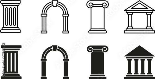 Fotografía Ancient column, arch, ionic pillar and greek temple line art and silhouette icon