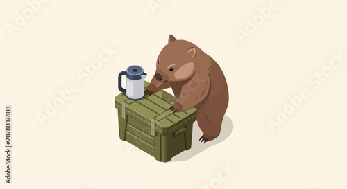 Brown bear holding a mug on a green crate.