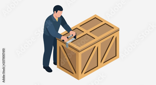 Worker inspecting wooden crate with saw.