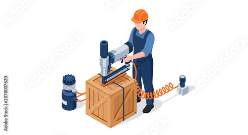 Worker operating industrial printing machine in factory setting.