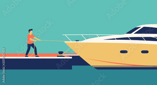 Man securing a luxury yacht to the dock.