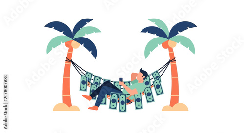 Relaxing in a hammock made of money between palm trees.