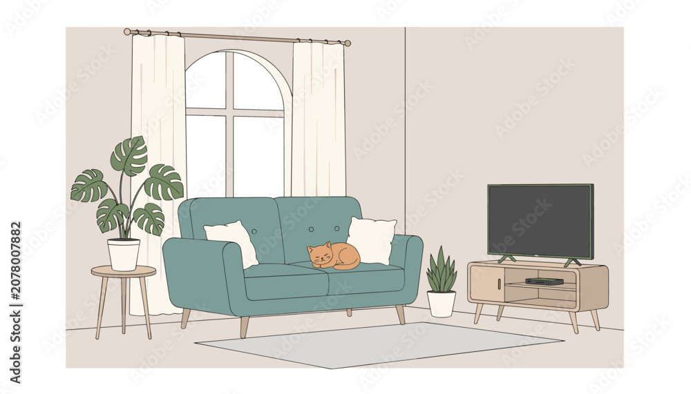 Fototapeta premium Cozy modern living room interior featuring a green sofa with a sleeping cat and a flat screen television set.