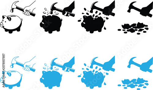 Schilderij op canvas Piggy bank destruction sequence illustration black and blue versions