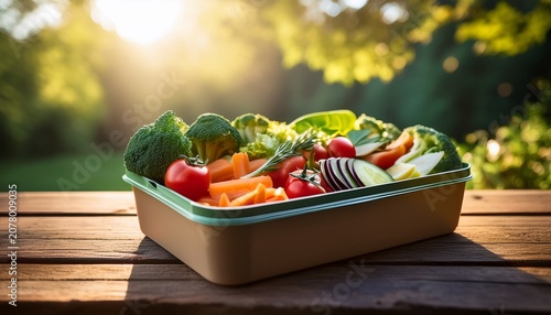 wholesome fresh food meal box featuring colorful vegetables on a rustic wooden surface bathed in morning sunlight
