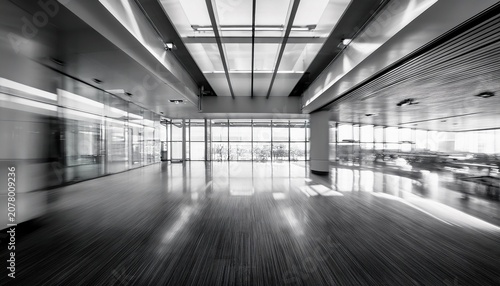 blurred black and white interior of modern office building with abstract lights and multilevel architecture
